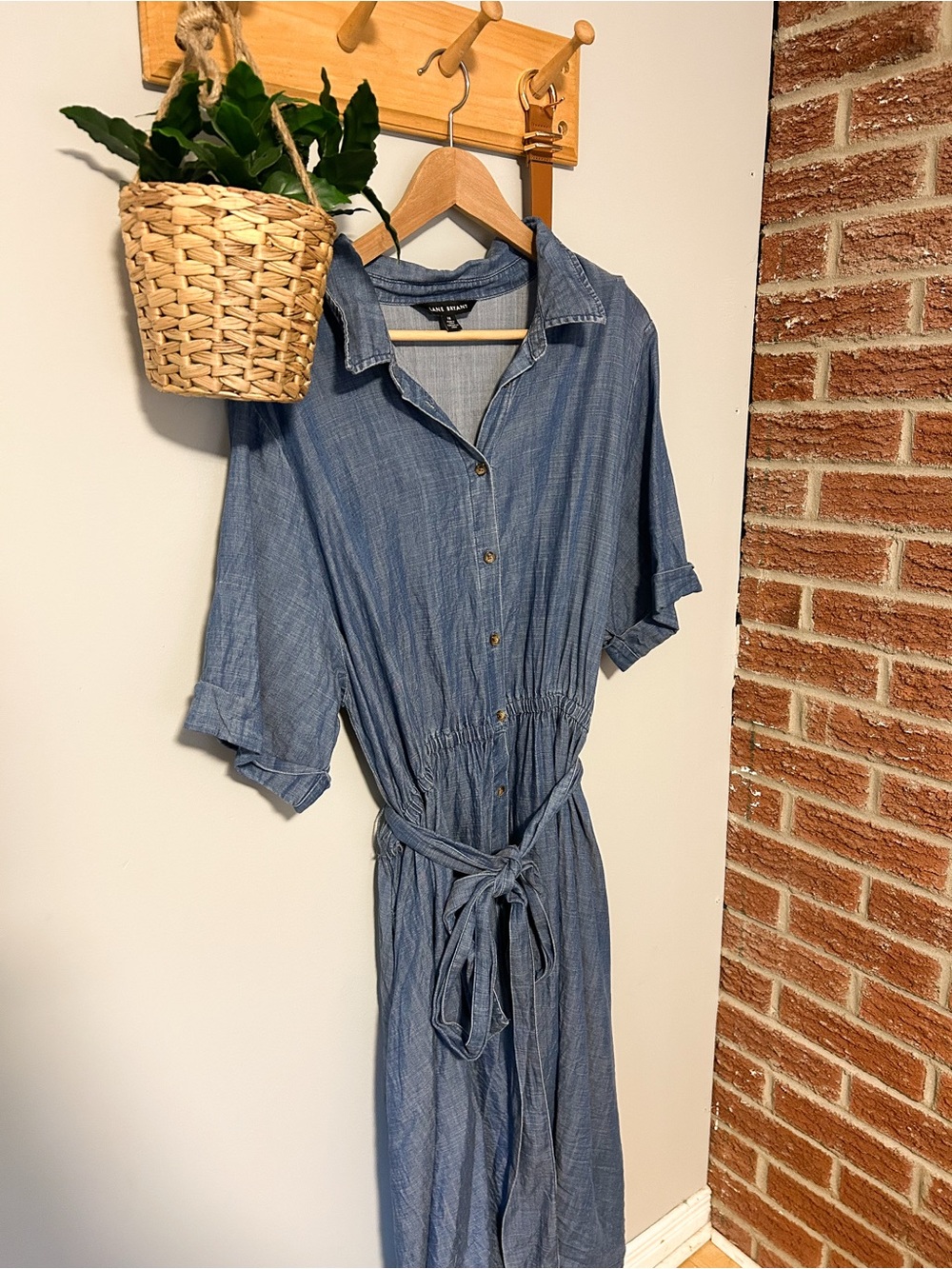 Lane Bryant Chambray Blue Button-Front Midi Dress with Tie Waist